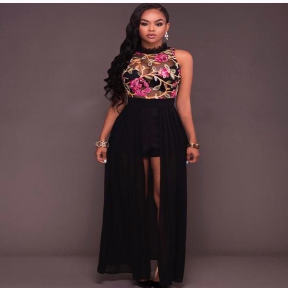 BLACK SHEER MESH CHIFFON ROMPER MAXI DRESS